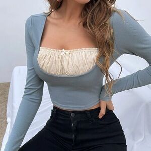Blue Long Sleeve Crop Top with Cream Detail